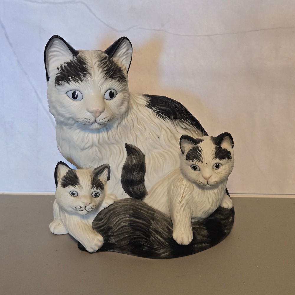 Vintage Ceramic Mother Cat and Kittens Figurine Black White Hand Painted Decor